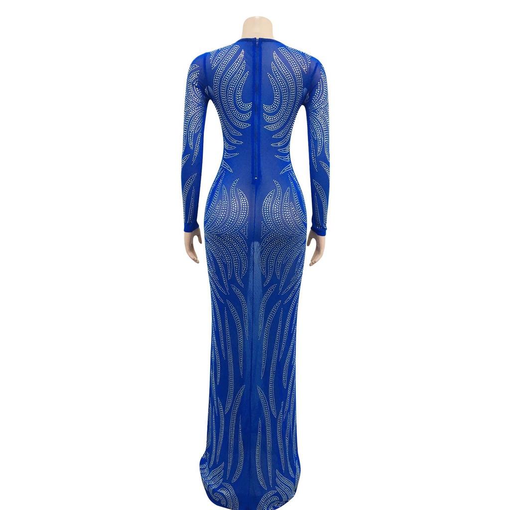 Kvinner Elegant Langermet Rhinestone Rundhals Mesh Gjennomsiktig Brude Maxi Lang Kjole Vert Bryllup Brud Brudepiker Festkjoler