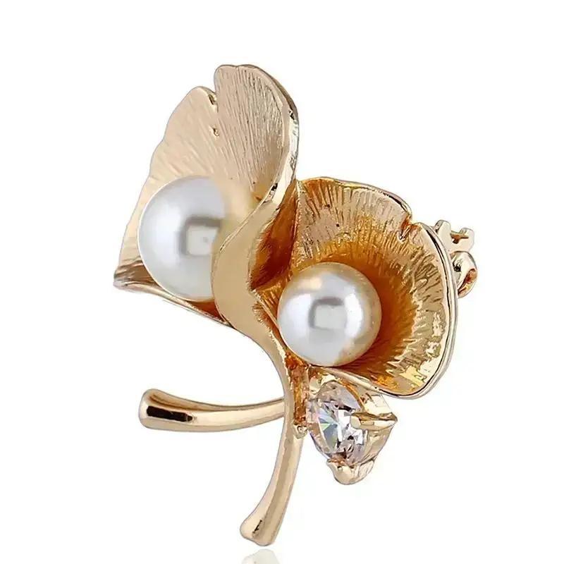 1 Pcs Vintage Women Pearl Ginkgo Leaf Brooches Ancient Gold Plant Women's Clothing Decor Jewelry Dresses Accessories Gifts