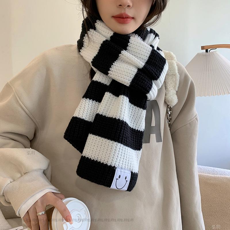 Autumn/Winter New Knitted Scarf Women's Korean Version Sweet Student Stripe Color Blocked Woolen Neck