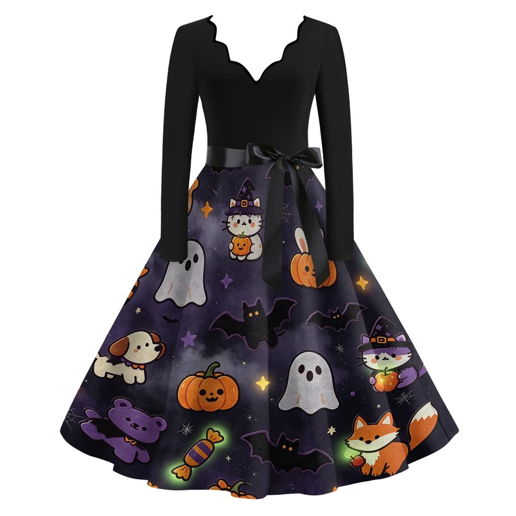 Women's Casual V-Neck Long Sleeve Halloween Print Retro Dress