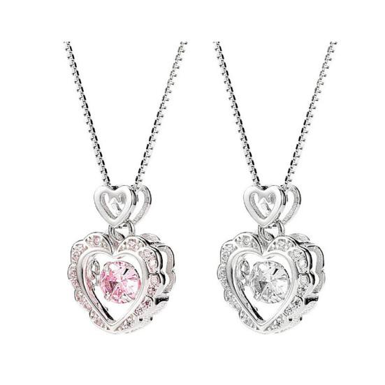 Women Necklace Pink Rhinestone Heart Pendant Adjustable Length Clavicle Necklace Valentines Day Anniversary Gift Wedding