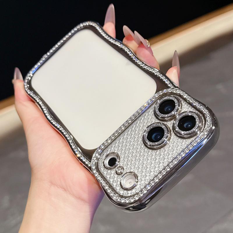 KEYSION Plating Transparent Wavy Rhinestone Phone Case for iPhone 13 14 15 16 17 Pro Max Air 16 Plus Lens Protector Shockproof Cover