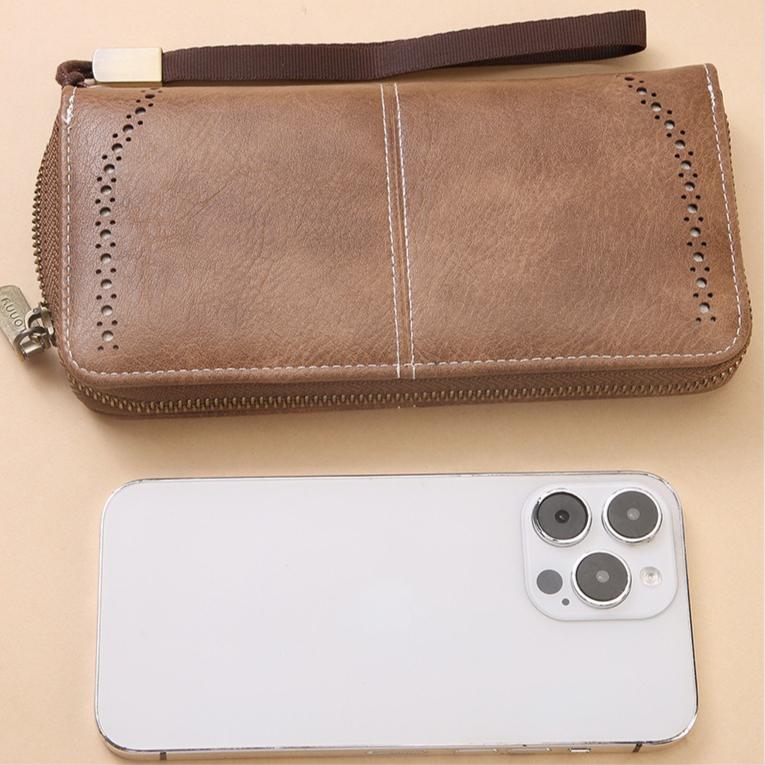 Women Hollow Zipper Wallet Leather Clutch Retro Female Hollow Organ Card Bag Large Capacity Long Mobile Phone Card Holder