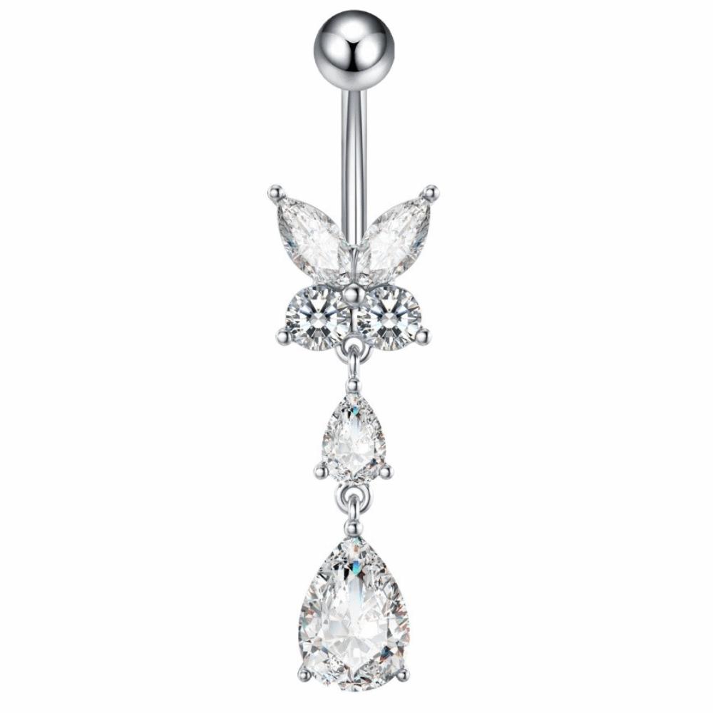 Zircon Crystals Butterfly Belly Button Ring Stainless Steel Dangled Navel Ring  Club