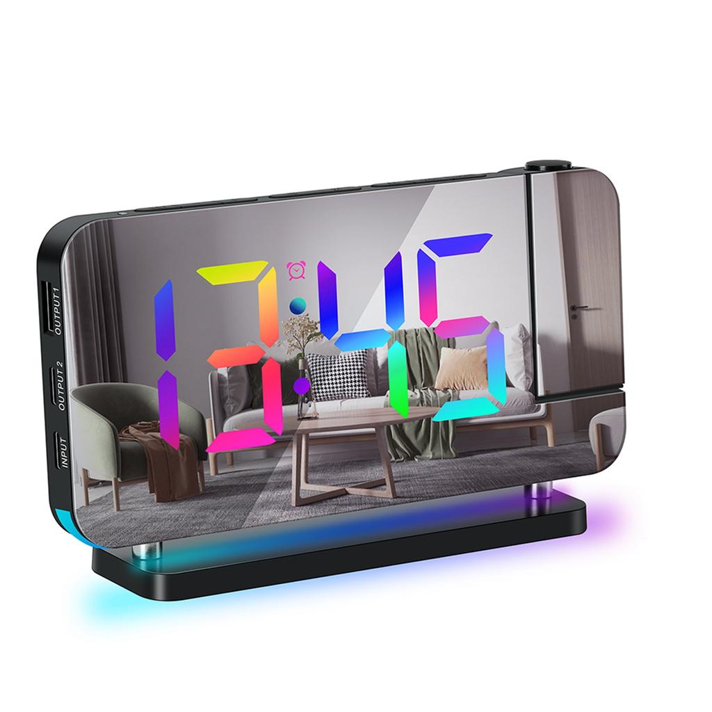 Projection Alarm Clock for Bedroom 7 inch RGB Colorful LED Digital Clock with Mirror Surface 6 level Brightness Dimmer
