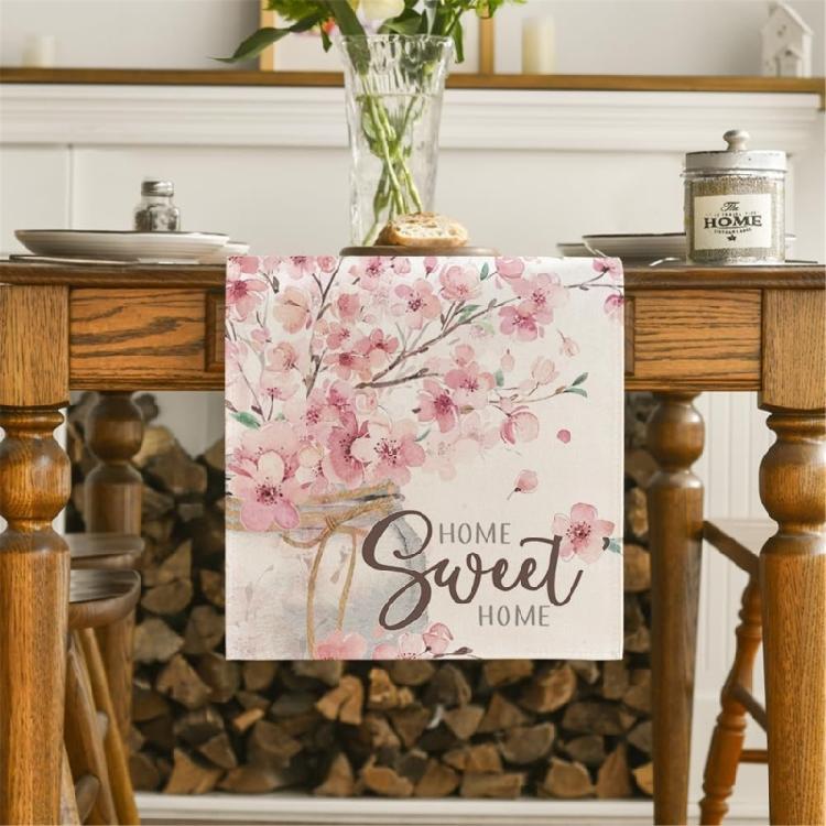 Dining Room Linen Table Runner with Flower Pattern Kitchen Table Ornament Tablecloth Decoration for Holiday Festivities