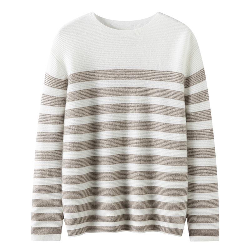 Women's Knit Striped Base Layer Shirt, Long Sleeve, Loose Fit, Warm, Versatile, Round Neck, Cashmere Sweater for Autumn/Winter.