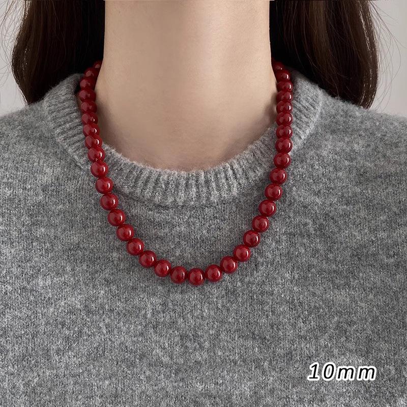 S925 Sterling Silver Encore Red Simulated Pearl Necklace for Women - Festive Autumn/Winter Sweater Chain