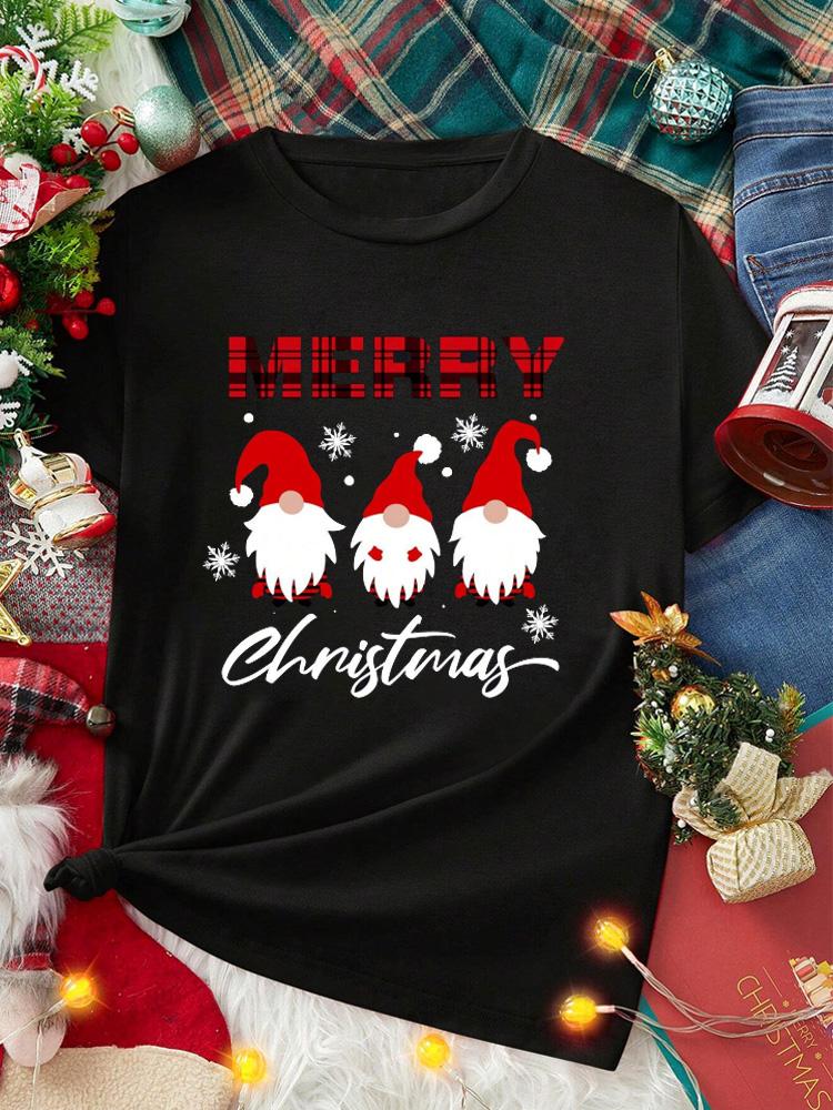Casual Christmas Santa Claus T-Shirt for Women Loose Round Neck Short Sleeve Female T-shirt Tops Suitable for All Season