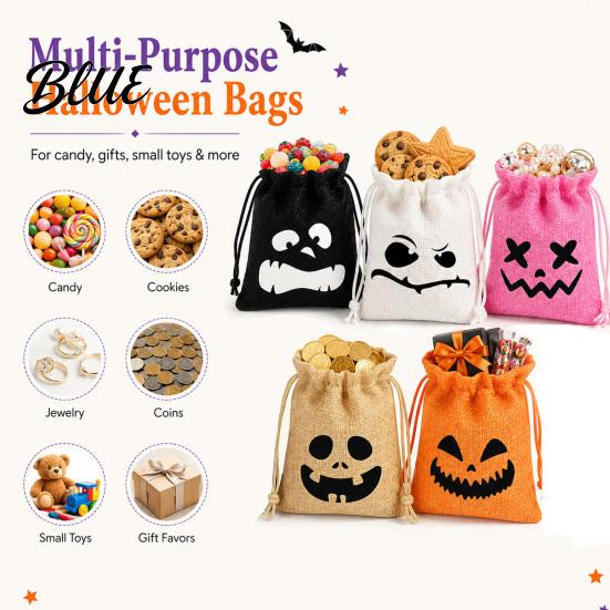 Halloween Party Supplies 5Pcs Candy Bags with Drawstring Funny Ghost Pumpkin Print Gift Pouches for Favors And Trick or Treat Sacks Decorative