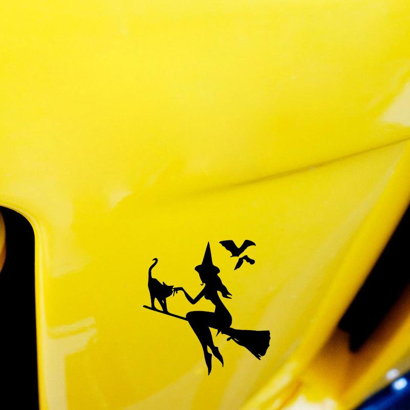 LYKX Witch on Broomstick with Cat Bats Car Sticker Automobile Exterior Accessories Vinyl Decal for Toyota Honda Lada Vw Bmw