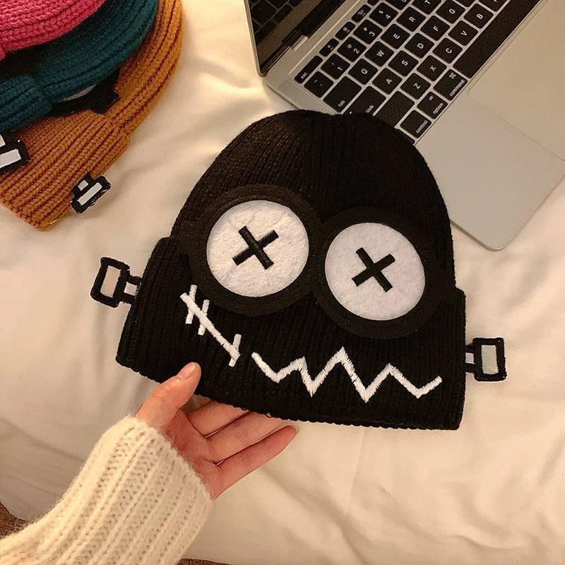 Funny Robot Knit Beanie Hat, Cute Cartoon X-Eye Winter Cap, Warm Knitted Hat for Women Girls in Autumn and Winter 1