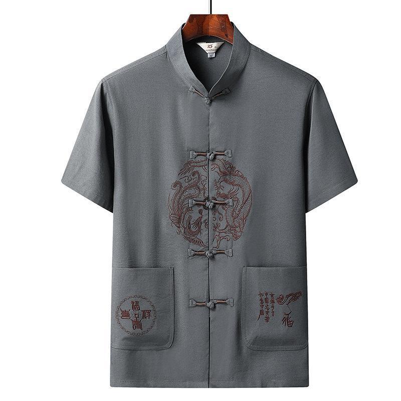 Men's Summer Ice Silk Tang Suit: Thin Retro Hanfu Set with Frog Button Embroidery for Middle-Aged and Elderly.