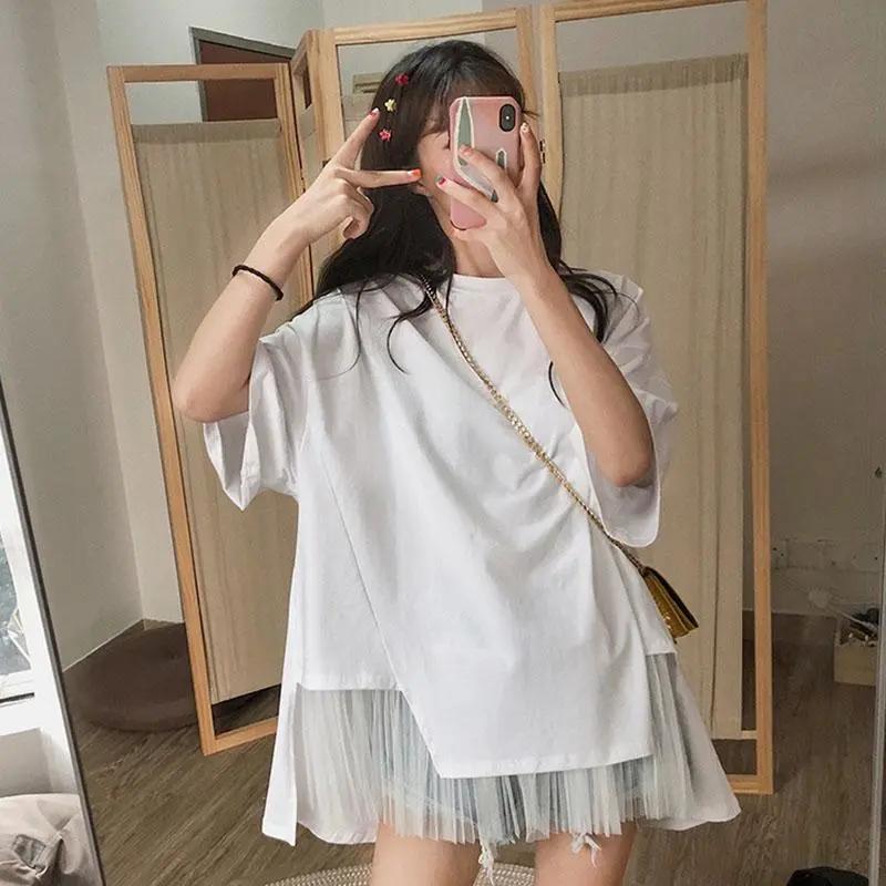 Women's Plus Size Summer Short-Sleeve T-Shirt Loose-Fit Mesh Panel Blouse