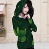 Women Plus Size Asymmetric Cutout Neck Cold Shoulder Long Sleeve Fitted Top Dark Green Golden Clover Printed