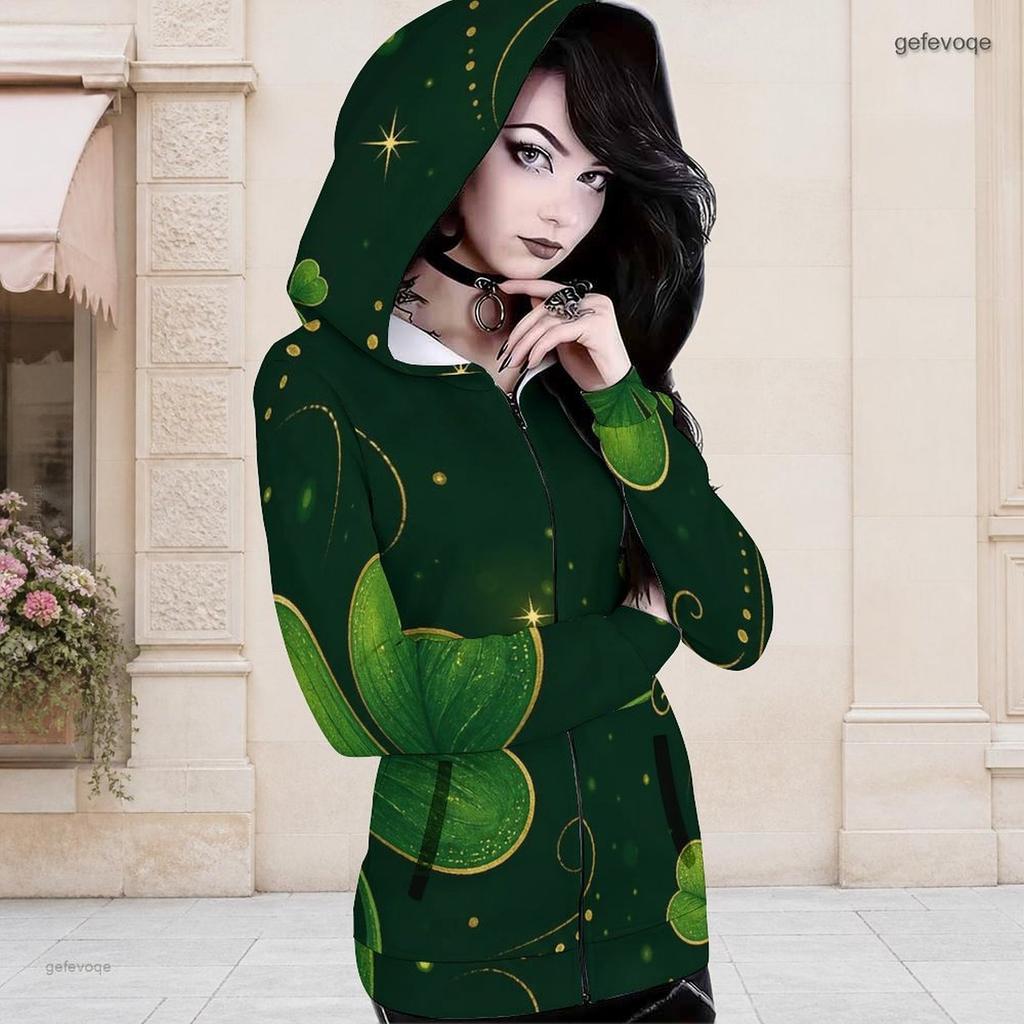 Women Plus Size Asymmetric Cutout Neck Cold Shoulder Long Sleeve Fitted Top Dark Green Golden Clover Printed