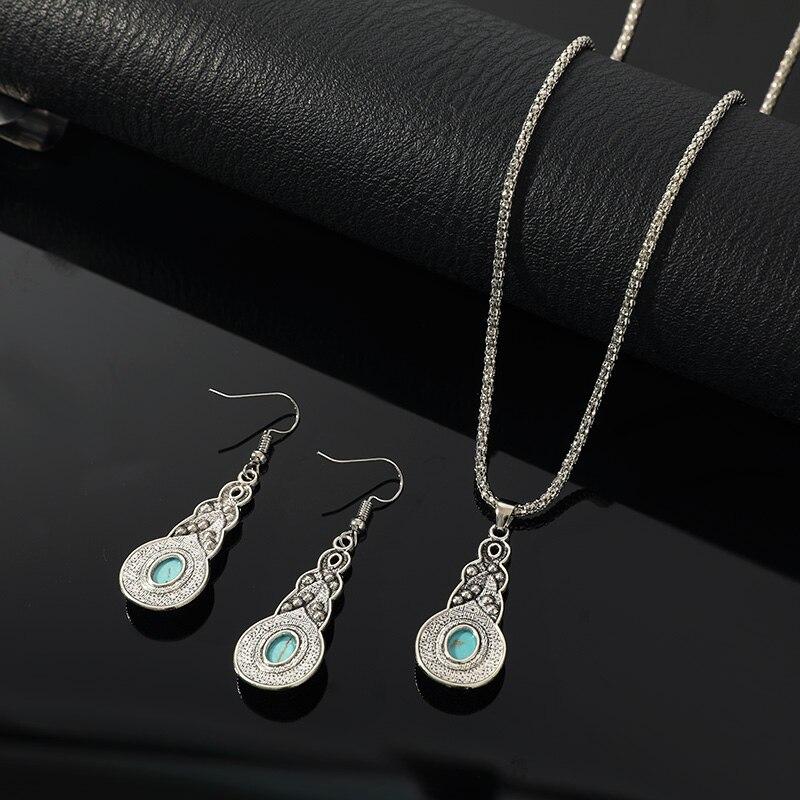 3-teiliges Halsketten-Ohrring-Set für Männer und Frauen im Vintage-Stil, eingelegter blauer Kristall, türkisfarbener Anhänger mit Laternenkette, Schmuck
