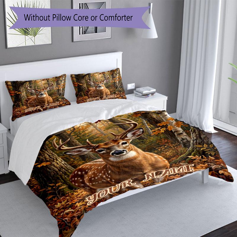 3PC Custom Name Autumnal Deer Majesty Bedding Set Duvet Cover Closure Includes 1 Duvet Cover & 2 Pillowcases for Bedroom
