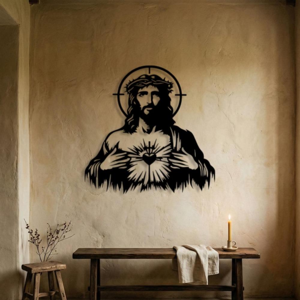 Black Metal Sacred Heart Wall Art, Catholic Jesus Sign, Christian Religious Home Decor, Spiritual Gift for Believers