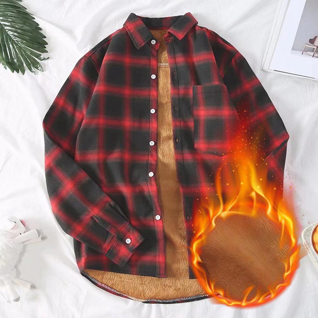 Women's Warm Plaid Shirt Autumn And Winter Long Sleeve Buttons Up Jacket Soft Lined Flannel Coat With Pockets