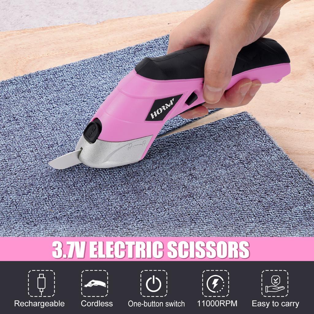 Electric Scissors USB Rechargeable 2000mAh Pink 11000 RPM with 2 Alloy Steel Blades for Fabric Leather Cardboard