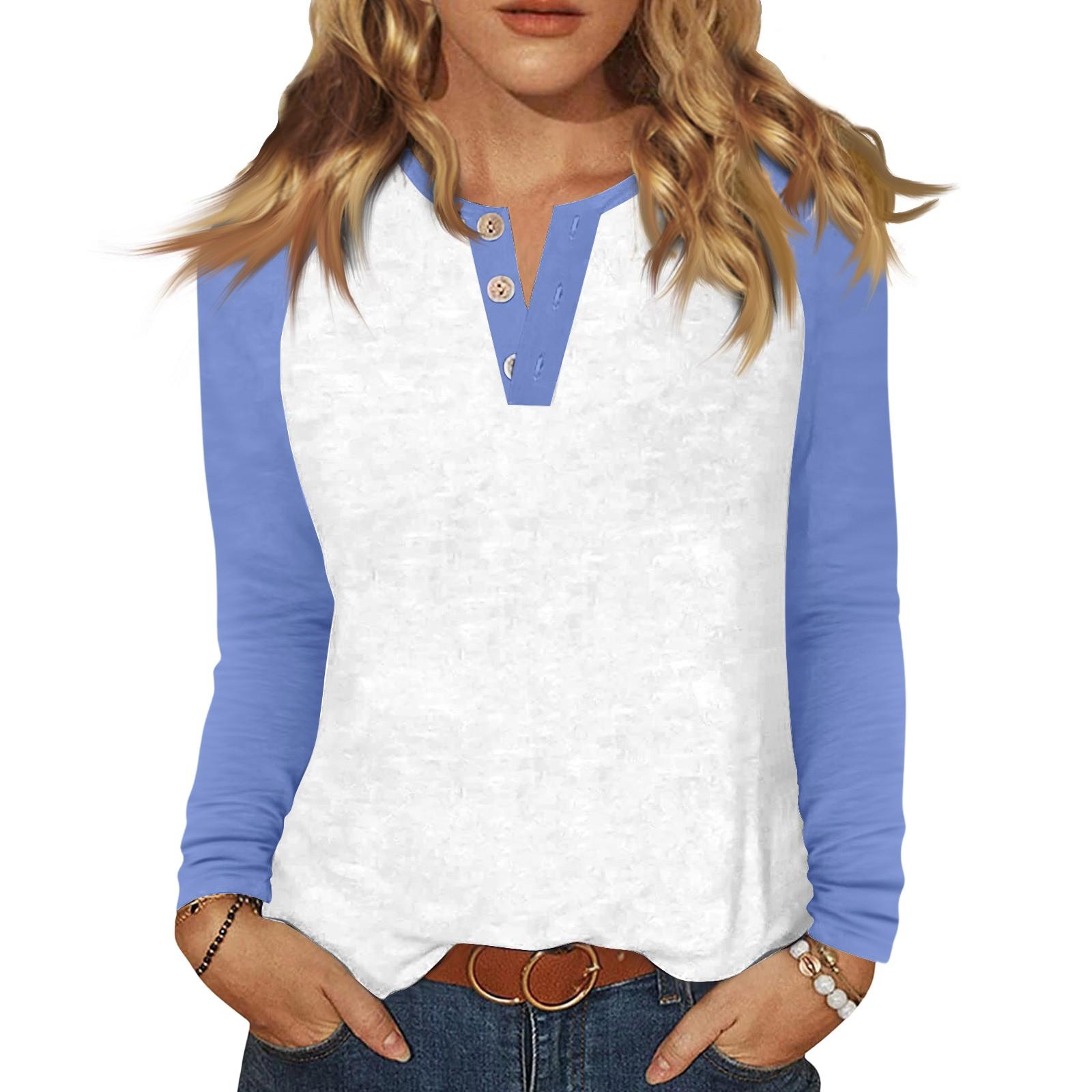 

Женская футболка колор-блок на пуговицах с длинным рукавом, повседневная, для выходных, модная, базовая, с V-образным вырезом, обычная S
