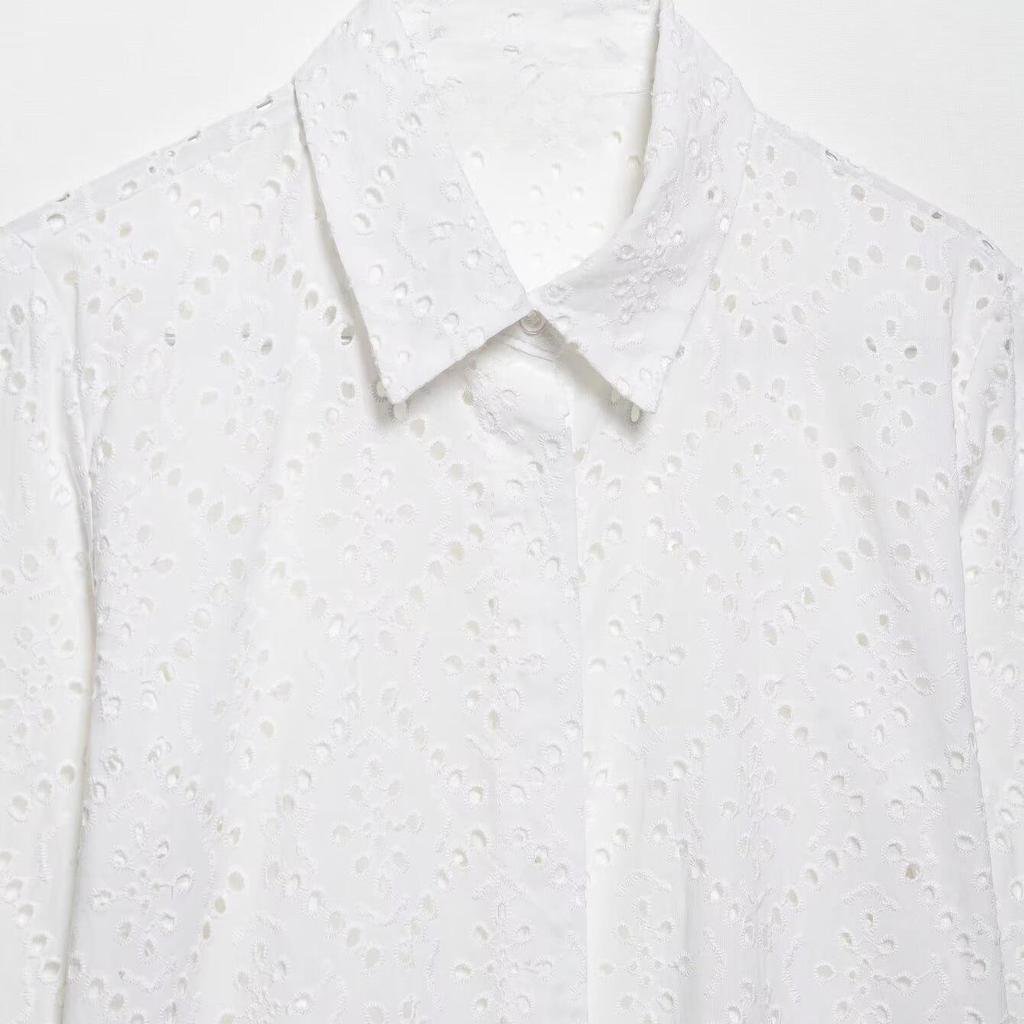 2025 Lato Damska Haftowana Ażurowa Koszula Casual z Klapami - Styl Europejski i Amerykański