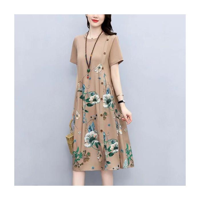 Vintage Floral Print A Line Dress With Button Front For Ladies Summer Casual Wear