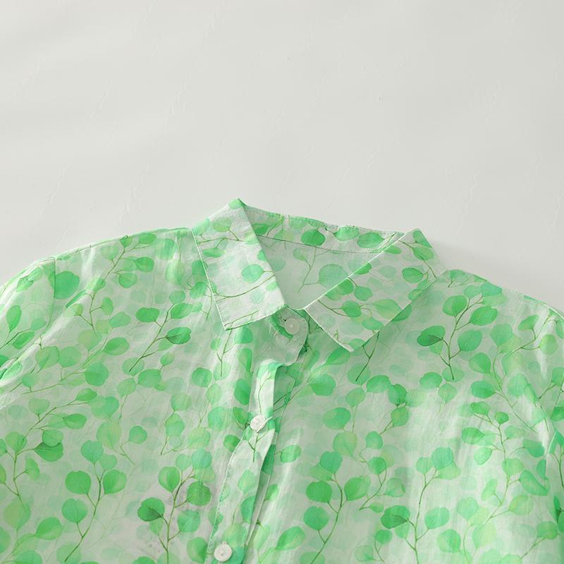 DIMANAF 2025 New Plus Size Women Tops Shirts Tees Green Casual Loose Blouse Autumn Print Cotton Long Sleeve