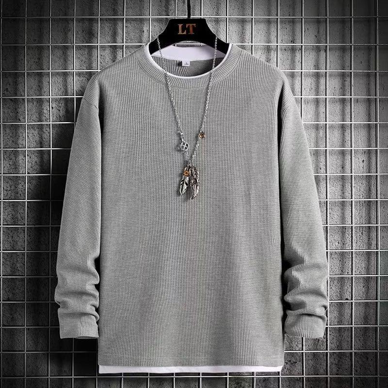 Sweater Men's Waffle Fake Two Long-sleeved Spring and Autumn Loose Top, Wearing a Bottoming Shirt Outside and a New Casual T-shirt Inside.