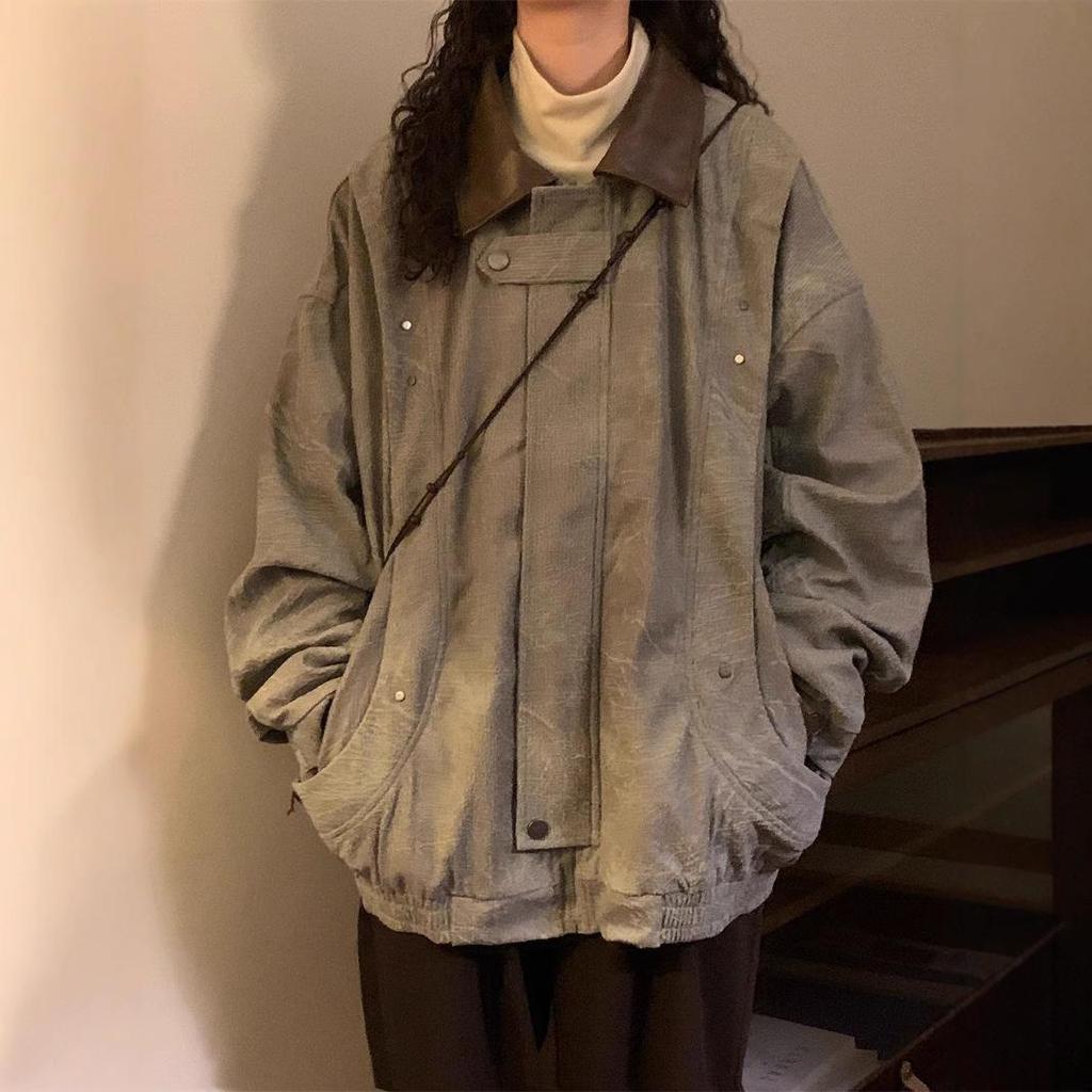 Women's Corduroy Patchwork Jacket - Retro Turn-Down Collar, Distressed High Street Style, 2025 Spring/Autumn Trend