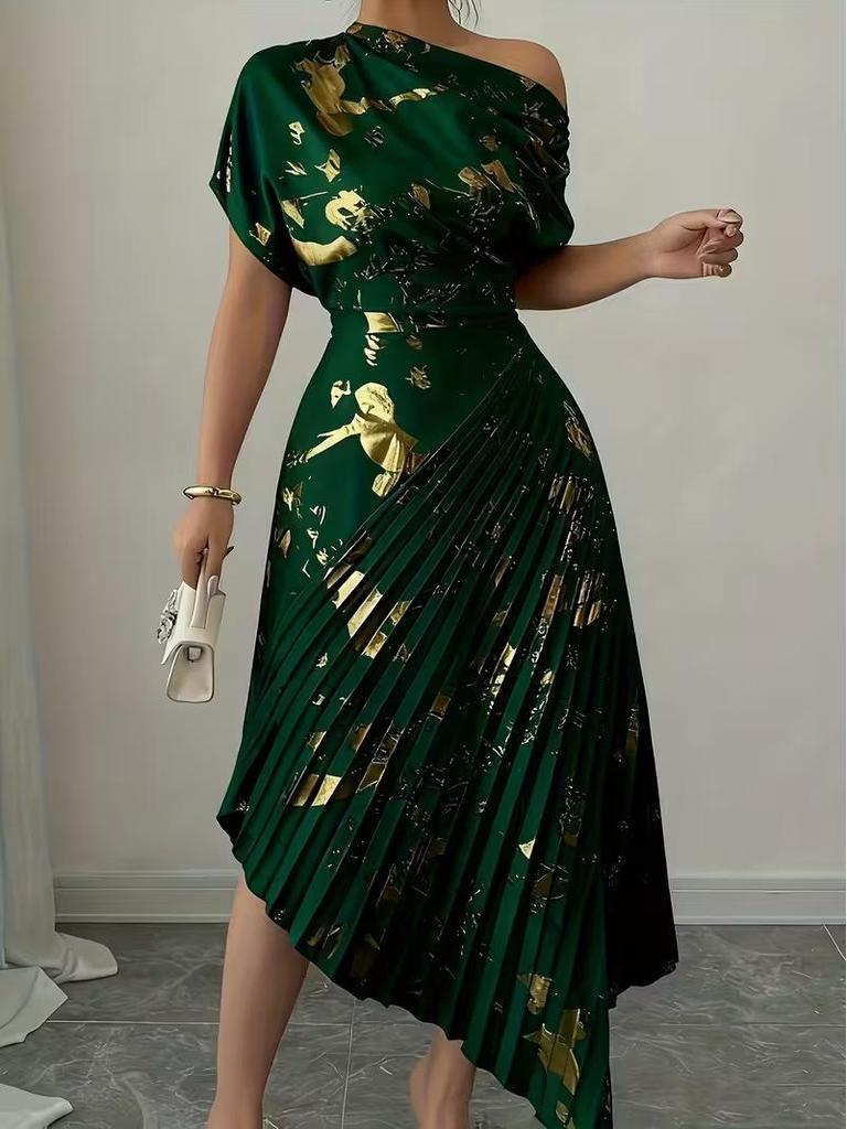 Asymmetrical Shoulder Gold Foil Pleated Dress for Women