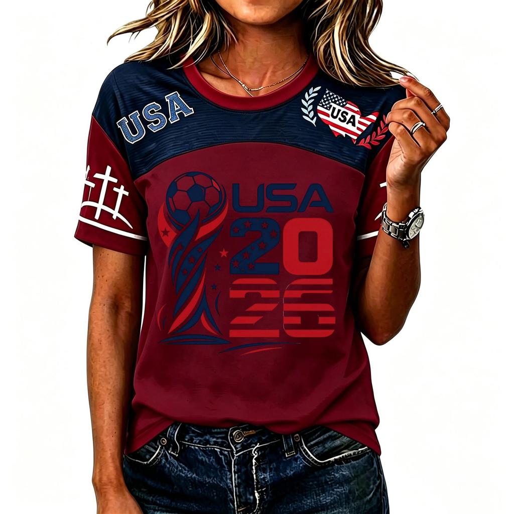 Women's USA Casual Short Sleeve Soccer Print Neck T-Shirt