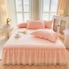 Pink Blue Silk Bed Skirt Single Piece Bedspread Hollowed Out Lace Non Slip with Strap Solid Colour Lace Bed Sheet