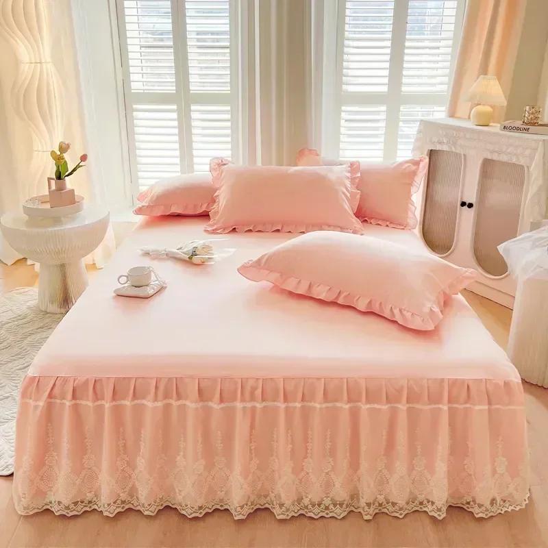 

Pink Blue Silk Bed Skirt Single Piece Bedspread Hollowed Out Lace Non Slip with Strap Solid Colour Lace Bed Sheet Queen 150x200cm 1pc