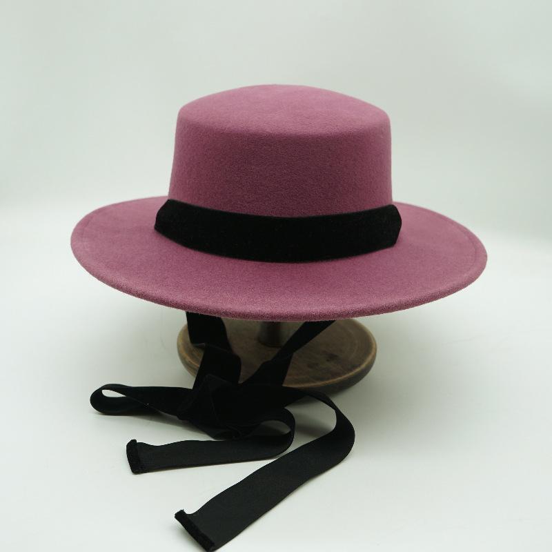 Japanese Korean Version Retro Raspberry Purple Lace-Up Removable Wool Nylon Felt Flat Top Top Hat Women'S Autumn And Winter Wide Brim British
