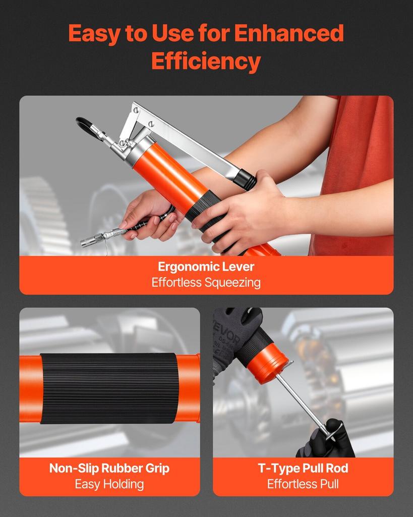 Grease Gun, 10000 PSI High Pressure, Heavy Duty Pistol Grip Grease Gun Kit with 0.4 L Capacity, Includes 46 cm Flex Hose, 1 Extension Rigid Pipe and 1
