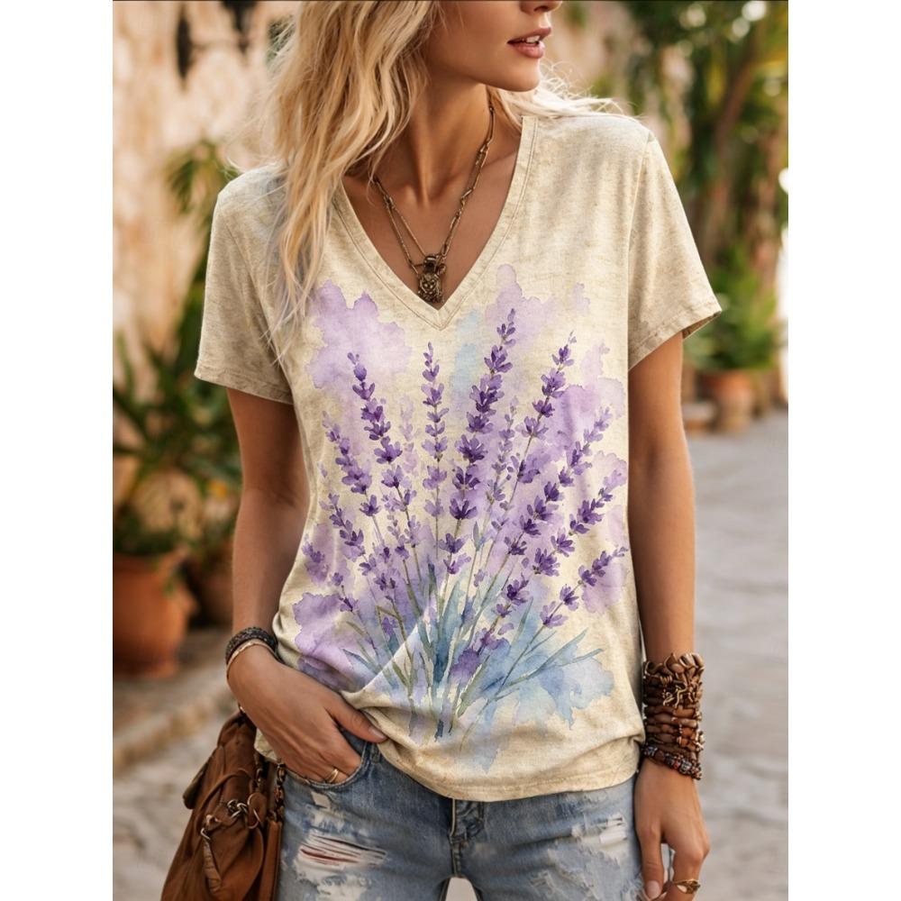 Women s Watercolor Lavender Print V-Neck T-Shirt, Casual Short Sleeve Tops, Fresh Floral Daily Wear for Spring & Summer S