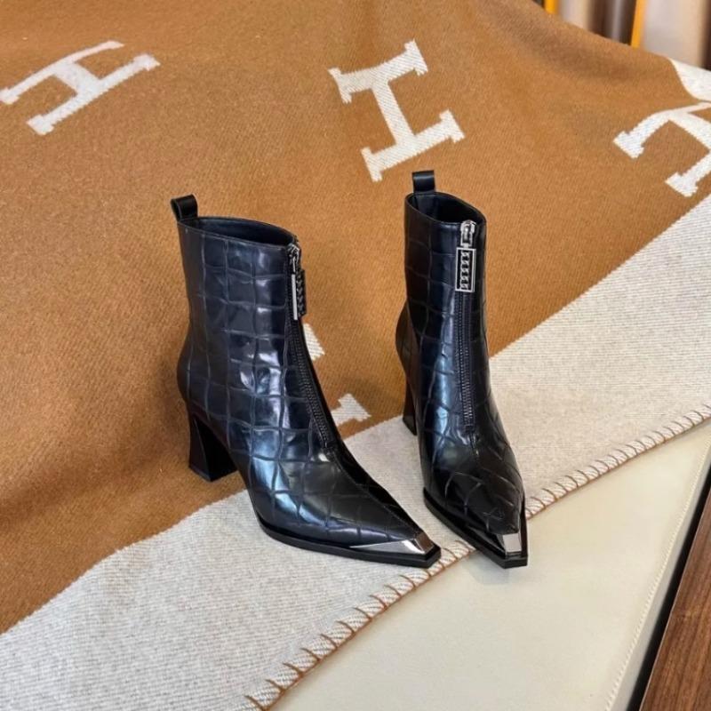 Fashion 2025 New Women's Leather Pointed Toe Ankle Boots High Heel Zipper Metal Fashion for Autumn Winter Shoes Fashion Sexy Party