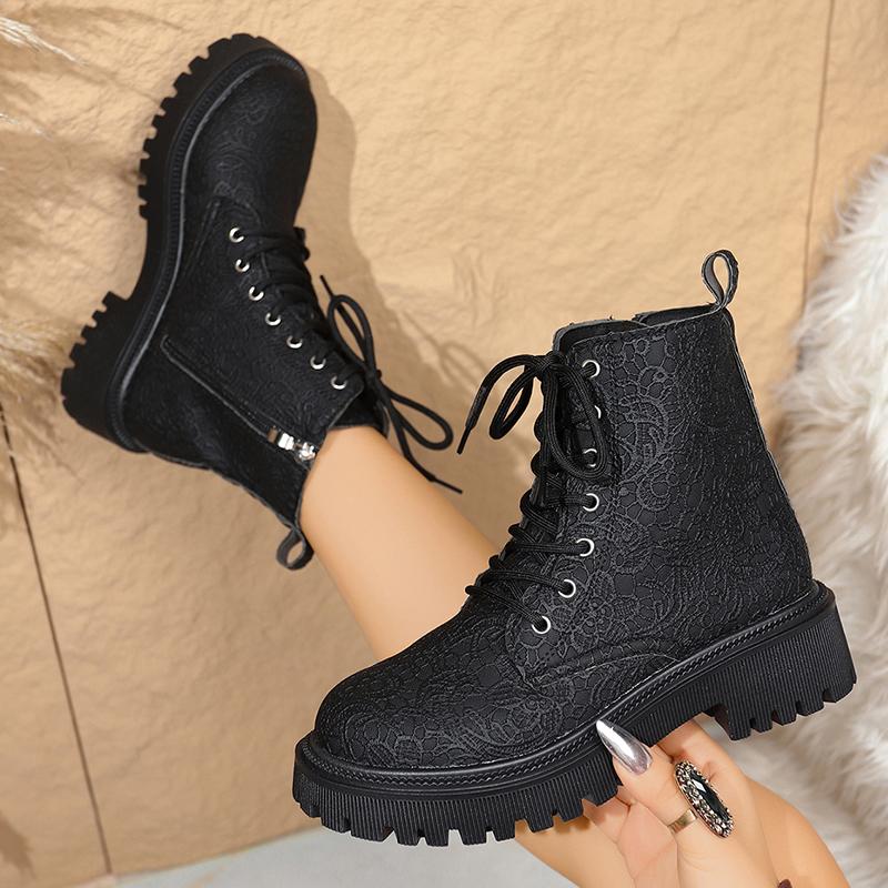Fashion Flower Figure Thick Sole Short Boots Women Fashion Lace Up Platform Ankle Boots Woman 2025 Side Zipper Pu Leather Booties Mujer