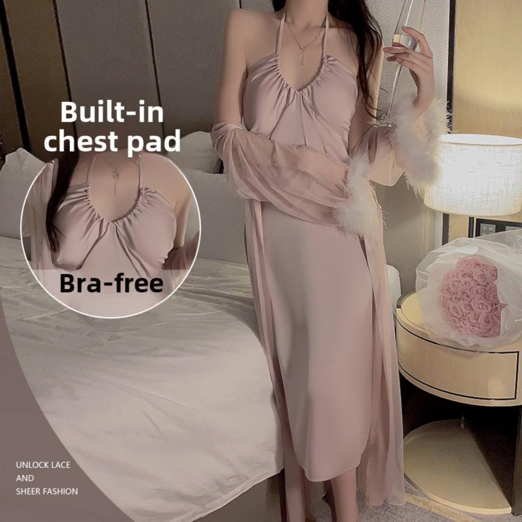 Satin Drawstring U-neck Plus Chest Pad Slim and Thin Suspender Nightdress Mesh Robe Loungewear Set
