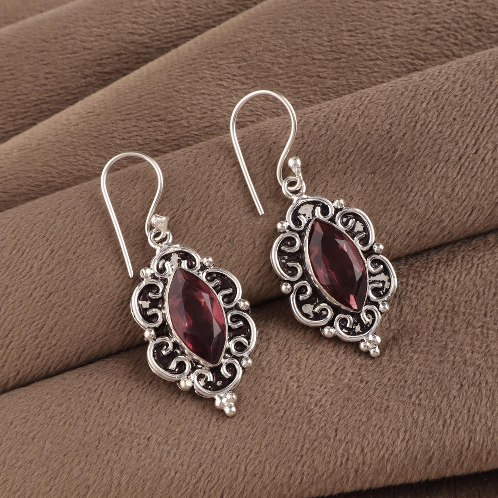 Rhodolite Gemstone Handmade 925 Sterling Silver Statement Earrings 1.9" Mother’s Day Gift AEE-3-13