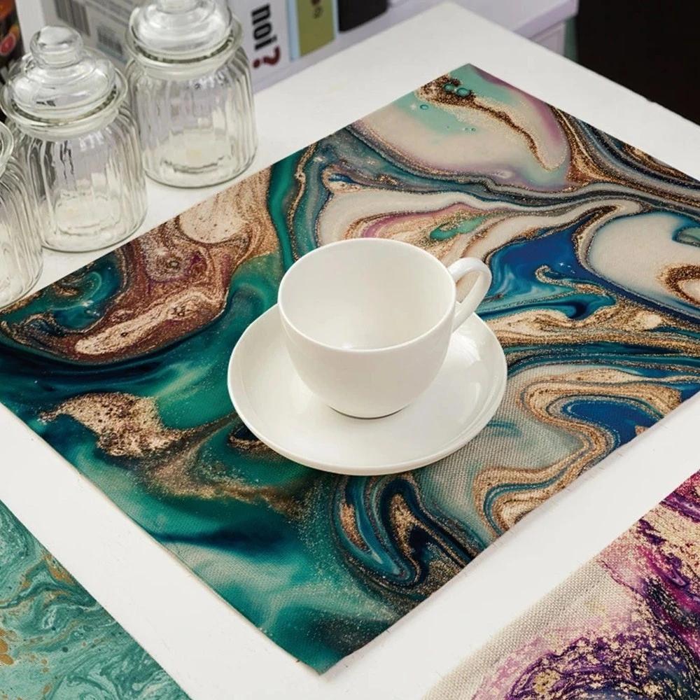 Green Rose Pink Marble Printing Linen Placemat for Dining Table Drink Coaster Home Decor Dining Mat Modern Kitchen Cup Pads