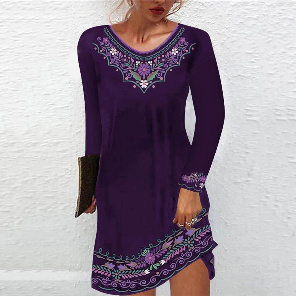 Women's  Retro Printing  O-Neck Long Sleeve Ethnic Style Comfy Casual Dress