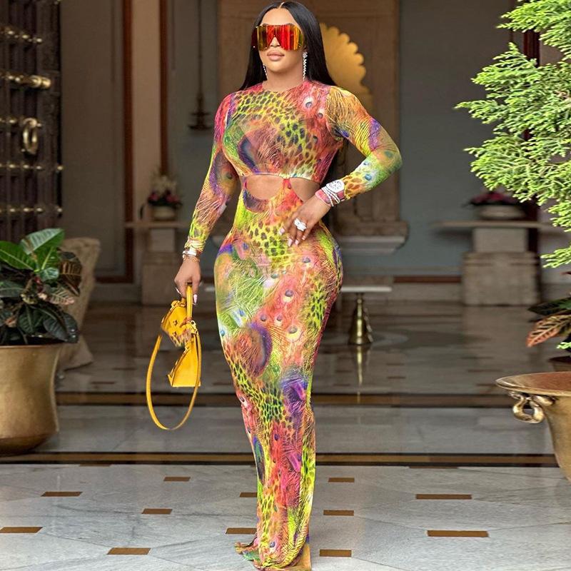 European and American Style Round Neck Tight Long Dress with Printed Long Sleeves and Hip Hugging Skirt