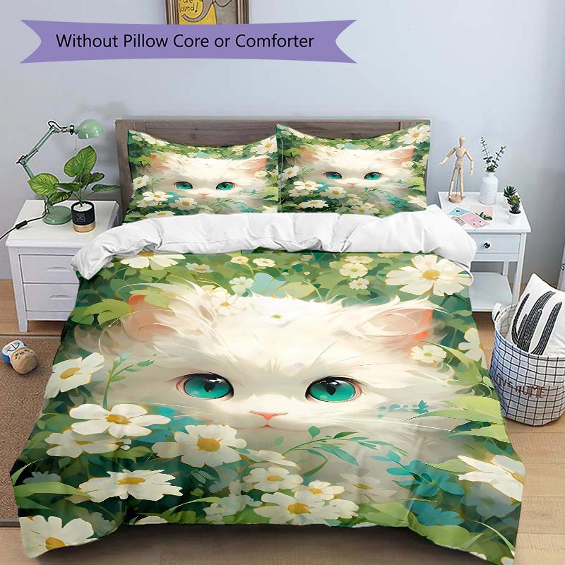 3pcs White Cat Quilt Cover Set (1 Quilt Cover + 2 Pillowcases 135x200cm