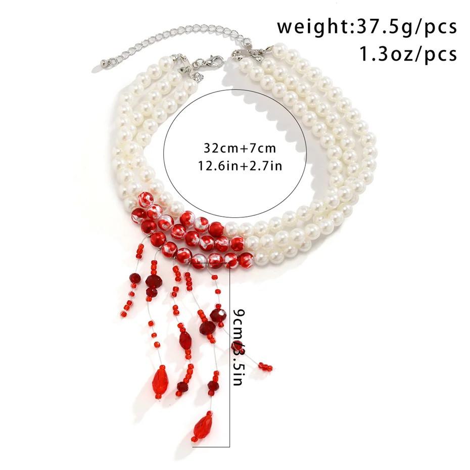 Vintage Red Blood Pattern Necklace for Women Multilayer Pearl Crystal Bead Pendant Necklaces Gothic Halloween Accessories