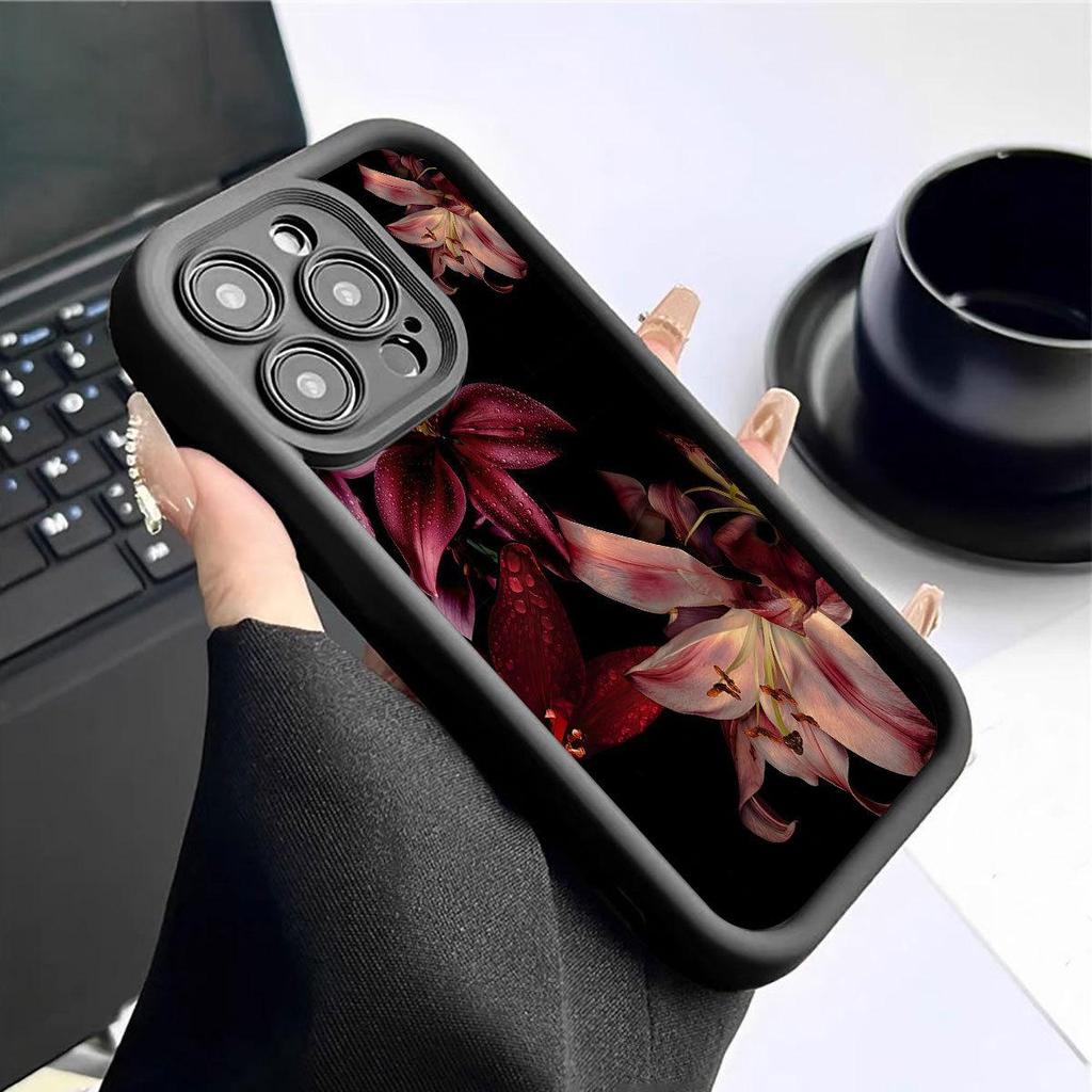 Mystic Lily Grooved Phone Case for iPhone 14/15/16/17 Pro Max - Black Style