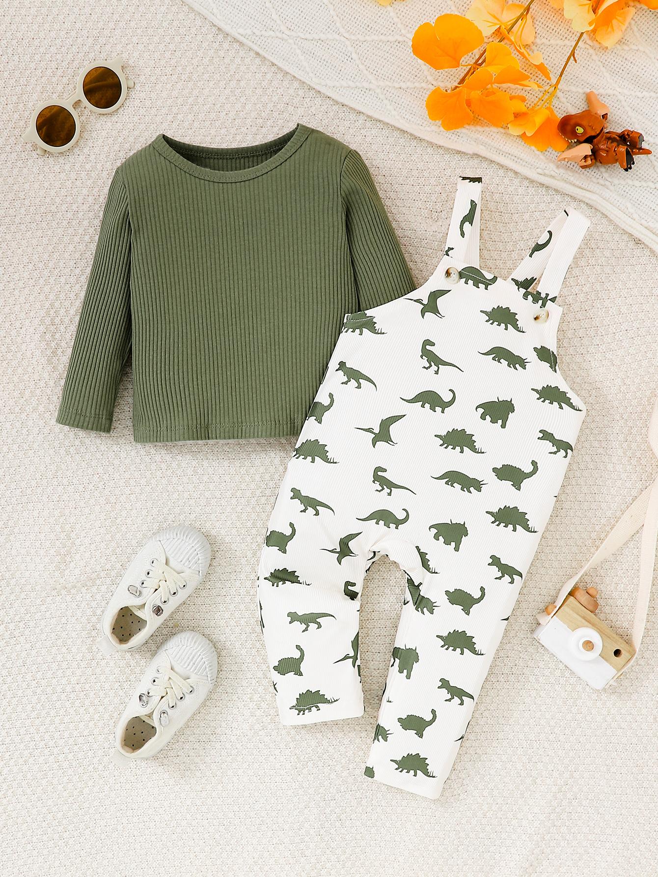 

Soft Cotton Baby Boys Dinosaur Overalls 2-Piece Set, Ribbed Knit Long Sleeve Shirt + Dino Print Suspender Pants, Spring Autumn Infant Outfit 73 андроид зеленый