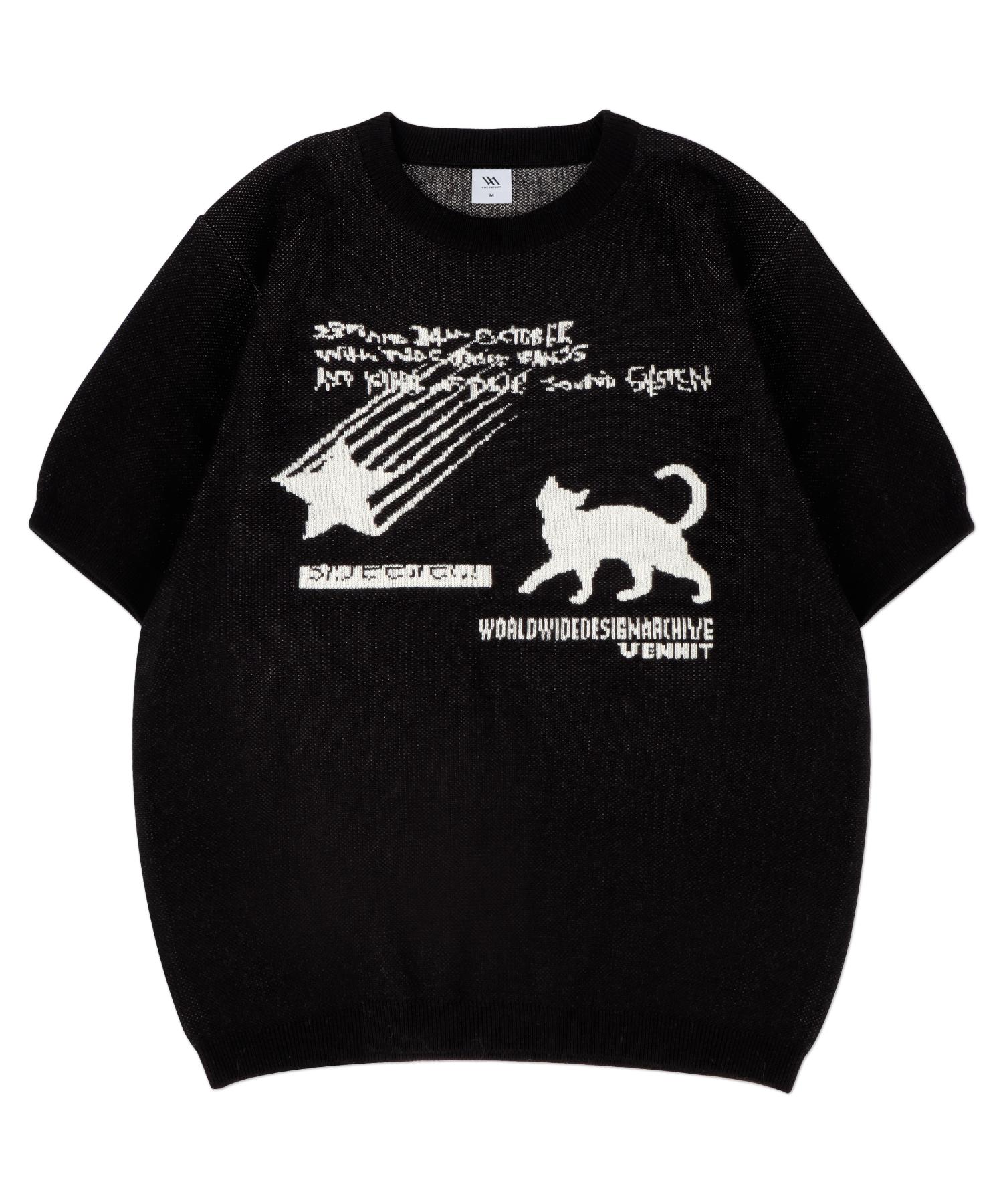 Benhit Star And Cat Jacquard Knit Half Tee [Black] Black/M